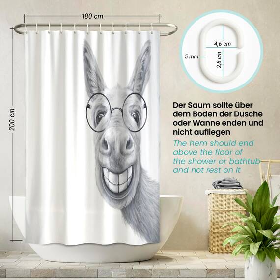 arteneur® - Hipster Esel - Anti-Schimmel Duschvorhang 180x200 - Öko-Tex Standard 100 - Beschwerter Saum, Blickdicht, Wasserdicht, Waschbar, 12 Ringe