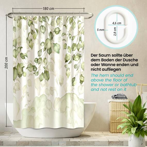arteneur® - Hängende Blätter - Anti-Schimmel Duschvorhang 180x200 - Öko-Tex Standard 100 - Beschwerter Saum, Blickdicht, Wasserdicht, Waschbar, 12 Ringe