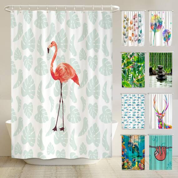 arteneur® - Flamingo - Anti-Schimmel Duschvorhang 180x200 - Recycelt mit mit Öko-Tex Standard 100 - Beschwerter Saum, Blickdicht, Wasserdicht, Waschbar, 12 Ringe & E-Book mit Reinigungs-Tipps