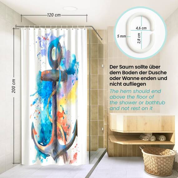 arteneur® - Wasserfarben Anker - Anti-Schimmel Duschvorhang 120x200 - Recycelt mit Öko-Tex Standard 100 - Beschwerter Saum, Blickdicht, Wasserdicht, Waschbar, 8 Ringe & E-Book