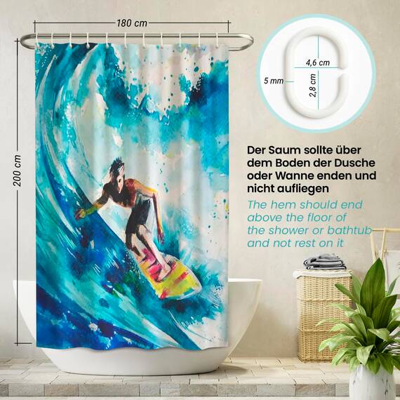 arteneur® - Wasserfarben Surfer - Anti-Schimmel Duschvorhang 180x200 - Recycelt mit Öko-Tex Standard 100 - Beschwerter Saum, Blickdicht, Wasserdicht, Waschbar, 12 Ringe & E-Book