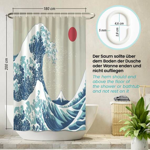 arteneur® - Japan Welle - Anti-Schimmel Duschvorhang 180x200 - Recycelt mit Öko-Tex Standard 100 - Beschwerter Saum, Blickdicht, Wasserdicht, Waschbar, 12 Ringe & E-Book
