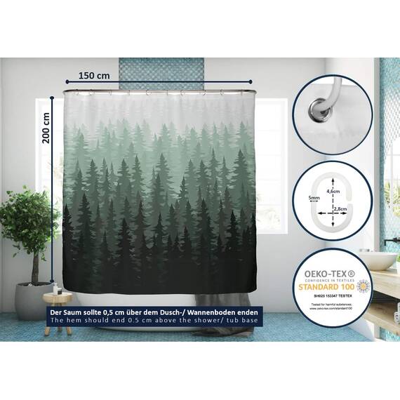 arteneur® - Tannenwald - Anti-Schimmel Duschvorhang 150x200 - Recycelt mit Öko-Tex Standard 100 - Beschwerter Saum, Blickdicht, Wasserdicht, Waschbar, 10 Ringe & E-Book