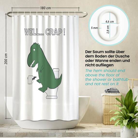 arteneur® - Lustiger Dinosaurier - Anti-Schimmel Duschvorhang 180x200 - Öko-Tex Standard 100 - Beschwerter Saum, Blickdicht, Wasserdicht, Waschbar, 12 Ringe