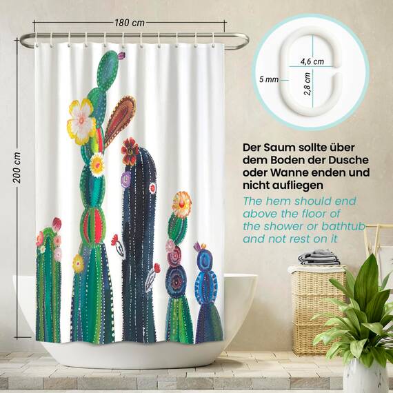 arteneur® - Kaktus Blüten - Anti-Schimmel Duschvorhang 180x200 - Recycelt mit Öko-Tex Standard 100 - Beschwerter Saum, Blickdicht, Wasserdicht, Waschbar, 12 Ringe & E-Book