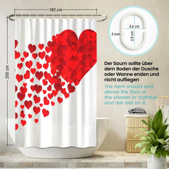 arteneur® - Herz - Anti-Schimmel Duschvorhang 180x200 - Recycelt mit Öko-Tex Standard 100 - Beschwerter Saum, Blickdicht, Wasserdicht, Waschbar, 12 Ringe & E-Book mit Reinigungs-Tipps