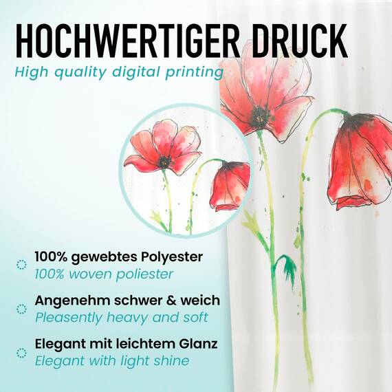 arteneur® - Mohnblume - Anti-Schimmel Duschvorhang 180x200 - Öko-Tex Standard 100 - Beschwerter Saum, Blickdicht, Wasserdicht, Waschbar, 12 Ringe