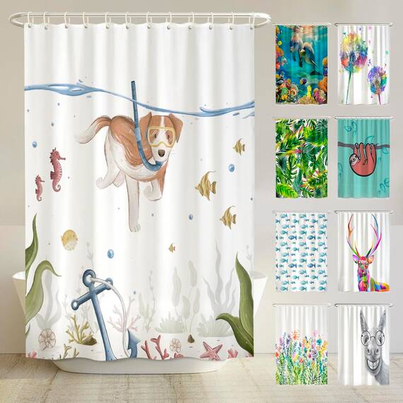 arteneur® - Tauchender Hund - Anti-Schimmel Duschvorhang 180x200 - Recycelt mit Öko-Tex Standard 100 - Beschwerter Saum, Blickdicht, Wasserdicht, Waschbar, 12 Ringe & E-Book