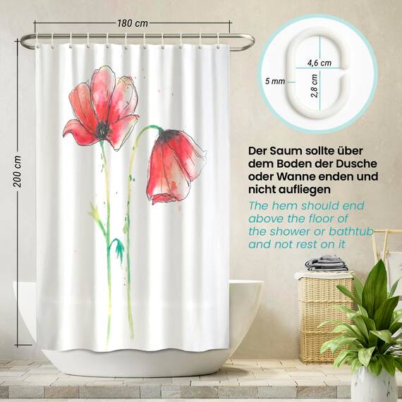 arteneur® - Mohnblume - Anti-Schimmel Duschvorhang 180x200 - Öko-Tex Standard 100 - Beschwerter Saum, Blickdicht, Wasserdicht, Waschbar, 12 Ringe