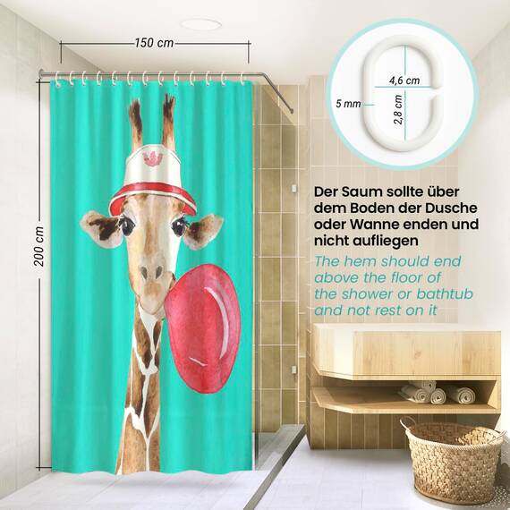 arteneur® - Giraffe - Anti-Schimmel Duschvorhang 150x200 - Recycelt mit Öko-Tex Standard 100 - Beschwerter Saum, Blickdicht, Wasserdicht, Waschbar, 10 Ringe & E-Book