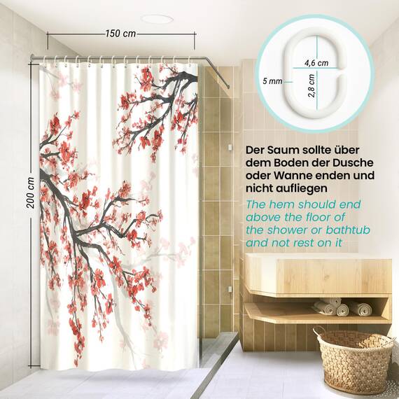 arteneur® - Kirschblüte - Anti-Schimmel Duschvorhang 150x200 - Öko-Tex Standard 100 - Beschwerter Saum, Blickdicht, Wasserdicht, Waschbar, 10 Ringe