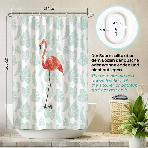 arteneur® - Flamingo - Anti-Schimmel Duschvorhang 180x200 - Recycelt mit mit Öko-Tex Standard 100 - Beschwerter Saum, Blickdicht, Wasserdicht, Waschbar, 12 Ringe & E-Book mit Reinigungs-Tipps