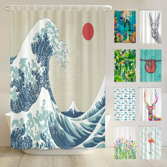 arteneur® - Japan Welle - Anti-Schimmel Duschvorhang 180x200 - Recycelt mit Öko-Tex Standard 100 - Beschwerter Saum, Blickdicht, Wasserdicht, Waschbar, 12 Ringe & E-Book