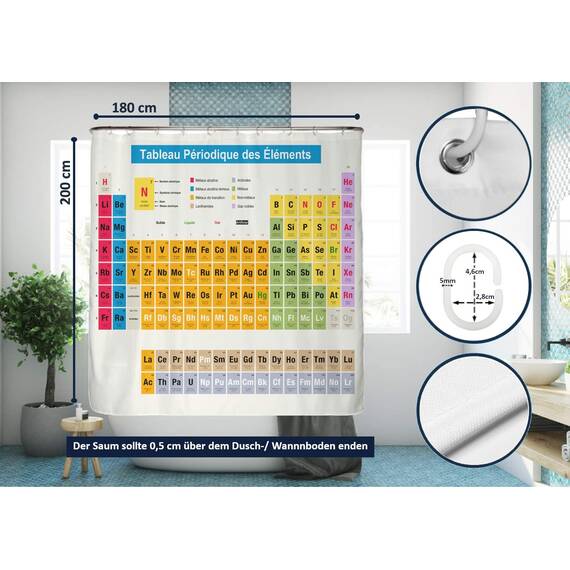 arteneur® - Duschvorhang Periodensystem Französisch - Anti-Schimmel Duschvorhänge 180x200 - Recycelt mit Öko-Tex Standard 100 - Beschwerter Saum Ohne Kleben, Wasserdicht, Waschbar, 12 Ringe in Weiß
