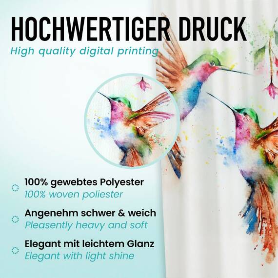 arteneur® - Kolibri - Anti-Schimmel Duschvorhang 180x200 - Öko-Tex Standard 100 - Beschwerter Saum, Blickdicht, Wasserdicht, Waschbar, 12 Ringe