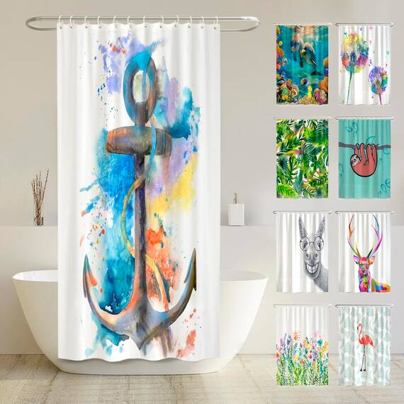 arteneur® - Wasserfarben Anker - Anti-Schimmel Duschvorhang 120x200 - Recycelt mit Öko-Tex Standard 100 - Beschwerter Saum, Blickdicht, Wasserdicht, Waschbar, 8 Ringe & E-Book