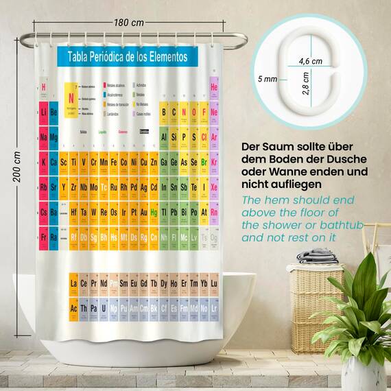 arteneur® - Duschvorhang Periodensystem Spanisch - Anti-Schimmel Duschvorhänge 180x200 - Recycelt mit mit Öko-Tex Standard 100 - Beschwerter Saum, Wasserdicht, Waschbar, 12 Ringe & ebook