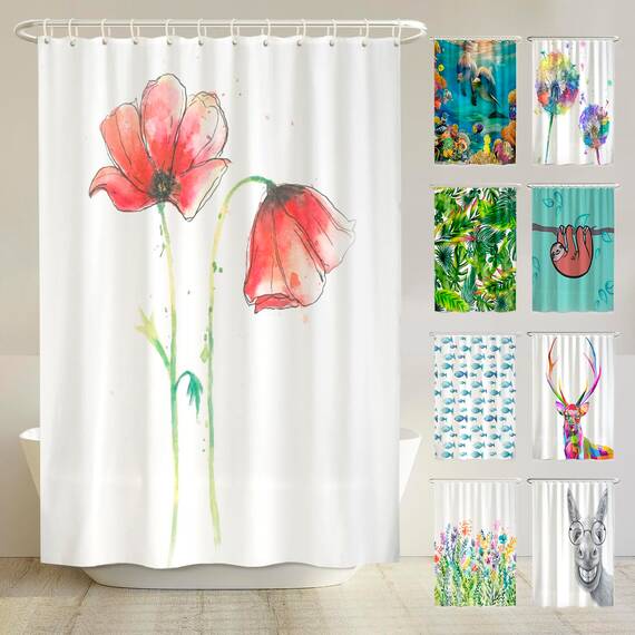 arteneur® - Mohnblume - Anti-Schimmel Duschvorhang 180x200 - Öko-Tex Standard 100 - Beschwerter Saum, Blickdicht, Wasserdicht, Waschbar, 12 Ringe