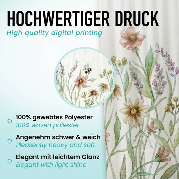 arteneur® - Vintage Blumen - Anti-Schimmel Duschvorhang 120x200 - Recycelt mit Öko-Tex Standard 100 - Beschwerter Saum, Blickdicht, Wasserdicht, Waschbar, 8 Ringe