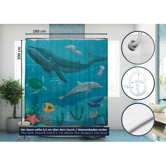 arteneur® - Unterwasser - Anti-Schimmel Duschvorhang 180x200 - Recycelt mit Öko-Tex Standard 100 - Beschwerter Saum, Blickdicht, Wasserdicht, Waschbar, 12 Ringe & E-Book mit Reinigungs-Tipps