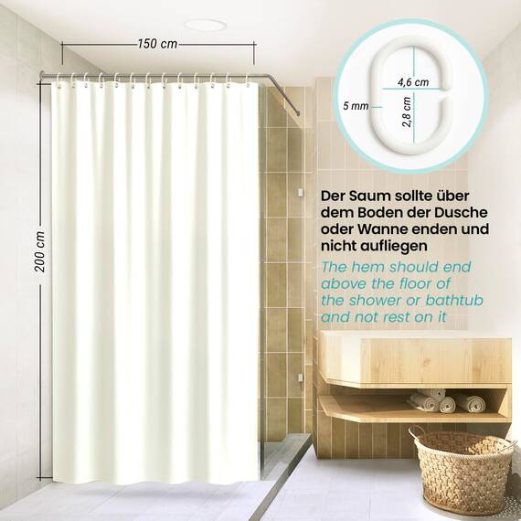 arteneur® - Duschvorhang Weiss - Anti-Schimmel Duschvorhänge 150x200 - Recycelt mit Öko-Tex Standard 100 - Beschwerter Saum, Blickdicht, Wasserdicht, Waschbar, 10 Ringe & E-Book