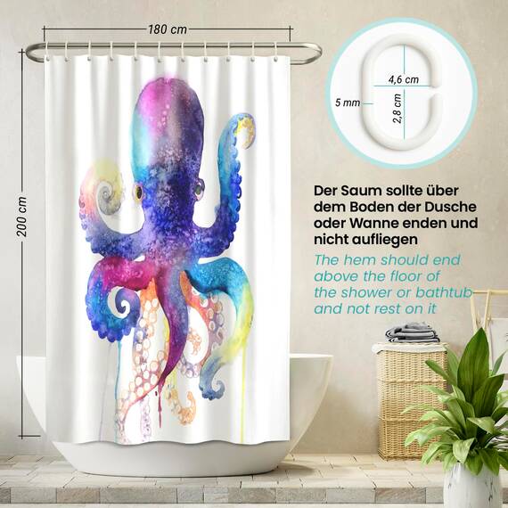 arteneur® - Wasserfarben Tintenfisch - Anti-Schimmel Duschvorhang 180x200 - Recycelt mit Öko-Tex Standard 100 - Beschwerter Saum, Blickdicht, Wasserdicht, Waschbar, 12 Ringe & E-Book