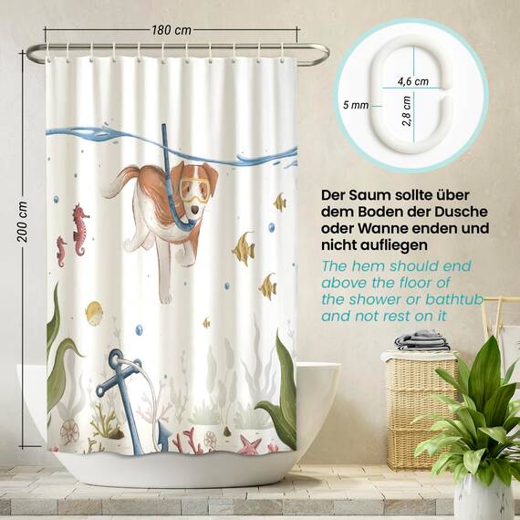 arteneur® - Tauchender Hund - Anti-Schimmel Duschvorhang 180x200 - Recycelt mit Öko-Tex Standard 100 - Beschwerter Saum, Blickdicht, Wasserdicht, Waschbar, 12 Ringe & E-Book
