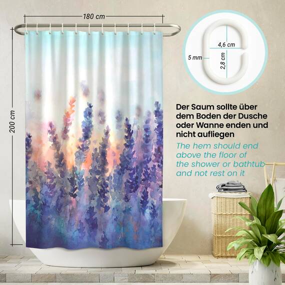 arteneur® - Lavendel - Anti-Schimmel Duschvorhang 180x200 - Recycelt mit Öko-Tex Standard 100 - Beschwerter Saum, Blickdicht, Wasserdicht, Waschbar, 12 Ringe & E-Book