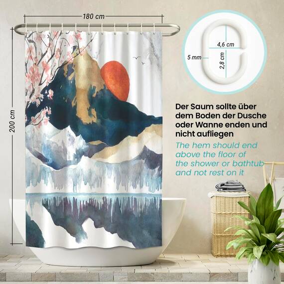 arteneur® - Japan - Anti-Schimmel Duschvorhang 180x200 - Recycelt mit Öko-Tex Standard 100 - Beschwerter Saum, Blickdicht, Wasserdicht, Waschbar, 12 Ringe & E-Book