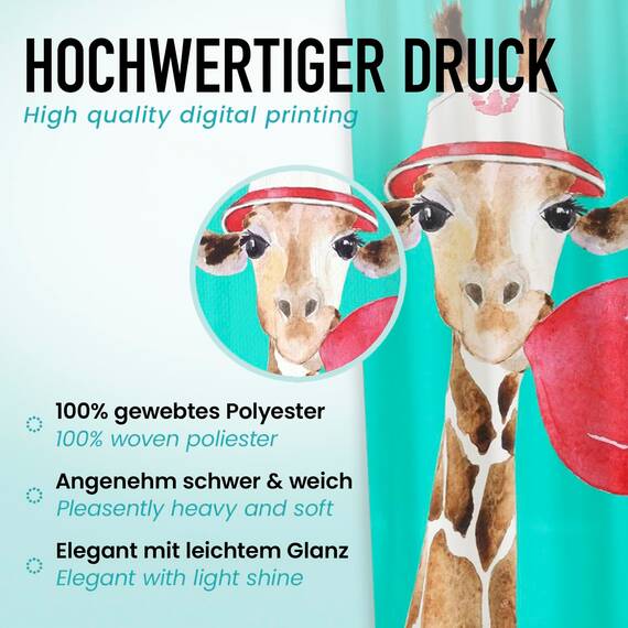 arteneur® - Giraffe - Anti-Schimmel Duschvorhang - Recycelt 180x200 mit Öko-Tex Standard 100 - Beschwerter Saum, Blickdicht, Wasserdicht, Waschbar, Ringe & E-Book