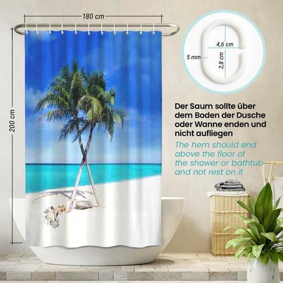 arteneur® - Strand - Anti-Schimmel Duschvorhang 180x200 - Recycelt mit Öko-Tex Standard 100 - Beschwerter Saum, Blickdicht, Wasserdicht, Waschbar, 12 Ringe & E-Book mit Reinigungs-Tipps