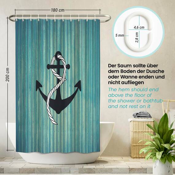 arteneur® - Anker - Anti-Schimmel Duschvorhang 180x200 - Recycelt mit Öko-Tex Standard 100 - Beschwerter Saum, Blickdicht, Wasserdicht, Waschbar, 12 Ringe & E-Book mit Reinigungs-Tipps