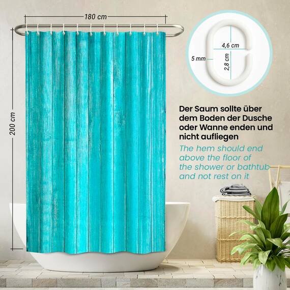 arteneur® - Holz Türkis - Anti-Schimmel Duschvorhang 180x200 - Recycelt mit Öko-Tex Standard 100 - Beschwerter Saum, Blickdicht, Wasserdicht, Waschbar, 12 Ringe & E-Book mit Reinigungs-Tipps