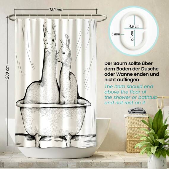 arteneur® - Lama Schwarz Weiß - Anti-Schimmel Duschvorhang 180x200 - Recycelt mit Öko-Tex Standard 100 - Beschwerter Saum, Blickdicht, Wasserdicht, Waschbar, 12 Ringe & E-Book