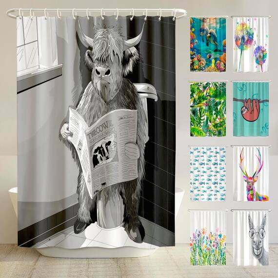 arteneur® - Beschäftigte Kuh - Anti-Schimmel Duschvorhang 180x200 - Recycelt mit Öko-Tex Standard 100 - Beschwerter Saum, Blickdicht, Wasserdicht, Waschbar, 12 Ringe & E-Book