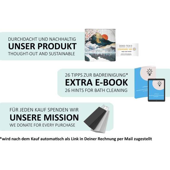 arteneur® - Japan - Anti-Schimmel Duschvorhang 200 x 200 - Recycelt mit Öko-Tex Standard 100 - Beschwerter Saum, Blickdicht, Wasserdicht, Waschbar, 12 Ringe & E-Book