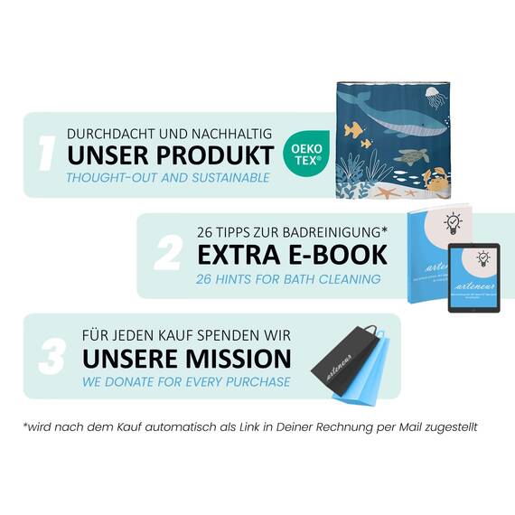 arteneur® - Wasserwelt Blau - Anti-Schimmel Duschvorhang 180x200 - Recycelt mit Öko-Tex Standard 100 - Beschwerter Saum, Blickdicht, Wasserdicht, Waschbar, 12 Ringe & E-Book mit Reinigungs-Tipps
