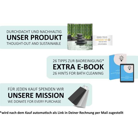 arteneur® - Bambus Spa - Anti-Schimmel Duschvorhang 200x220 - Recycelt mit Öko-Tex Standard 100 - Beschwerter Saum, Blickdicht, Wasserdicht, Waschbar, 12 Ringe & E-Book