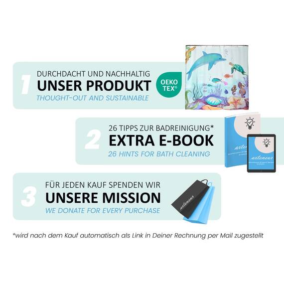 arteneur® - Wasserfarben Ozean - Anti-Schimmel Duschvorhang 180x200 - Recycelt mit Öko-Tex Standard 100 - Beschwerter Saum, Blickdicht, Wasserdicht, Waschbar, 12 Ringe & E-Book
