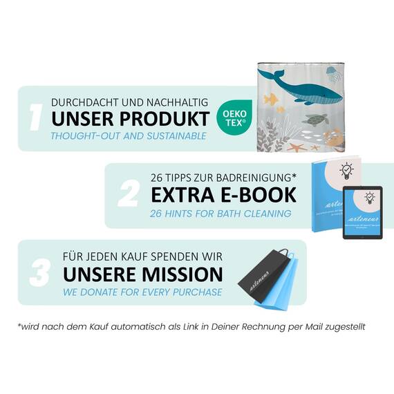 arteneur® - Wasserwelt grau - Anti-Schimmel Duschvorhang 180x200 - Recycelt mit Öko-Tex Standard 100 - Beschwerter Saum, Blickdicht, Wasserdicht, Waschbar, 12 Ringe & E-Book