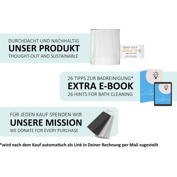 arteneur® - Premium Duschvorhang 180x200 – Antischimmel Duschvorhang Weiß mit Struktur-Stoff, Blickdicht, Wasserdicht, Waschbar & inkl. E-Book & Ringe (Schnee Weiß)