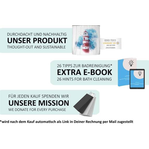 arteneur® - Leuchtturm - Anti-Schimmel Duschvorhang 200 x 200 - Recycelt mit Öko-Tex Standard 100 - Beschwerter Saum, Blickdicht, Wasserdicht, Waschbar, 12 Ringe & E-Book