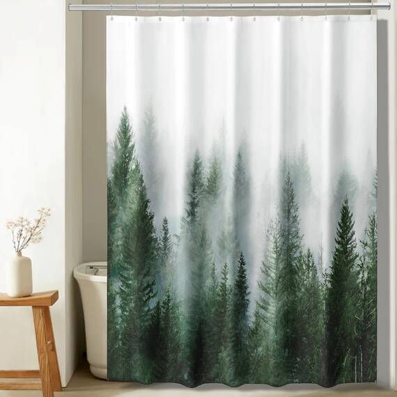 ORTIGIA Duschvorhang für Badezimmer, Naturwald, Duschvorhang-Set mit Haken, dekorativer Kiefernbaum, Nebel, magischer Badvorhang, wasserdichter Stoff, gewichtet, 183 x 198 cm, Grün