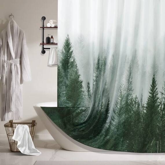 ORTIGIA Duschvorhang für Badezimmer, Naturwald, Duschvorhang-Set mit Haken, dekorativer Kiefernbaum, Nebel, magischer Badvorhang, wasserdichter Stoff, gewichtet, 183 x 198 cm, Grün