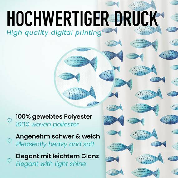 arteneur® - Blaue Fische - Anti-Schimmel Duschvorhang 240x200 - Recycelt mit Öko-Tex Standard 100 - Beschwerter Saum, Blickdicht, Wasserdicht, Waschbar, 16 Ringe