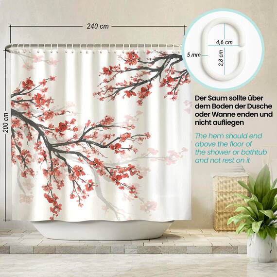 arteneur® - Kirschblüte - Anti-Schimmel Duschvorhang 240x200 - Recycelt mit Öko-Tex Standard 100 - Beschwerter Saum, Blickdicht, Wasserdicht, Waschbar, 16 Ringe