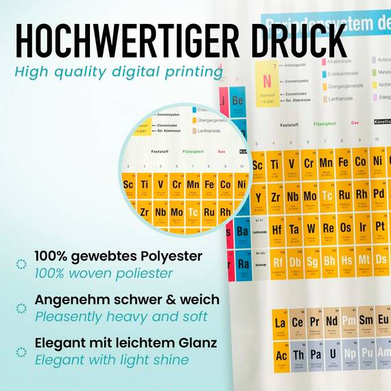 arteneur® - Duschvorhang Periodensystem Deutsch - Anti-Schimmel Duschvorhänge 240x200 - Recycelt mit Öko-Tex Standard 100 - Beschwerter Saum, Blickdicht, Wasserdicht, Waschbar, 16 Ringe & E-Book