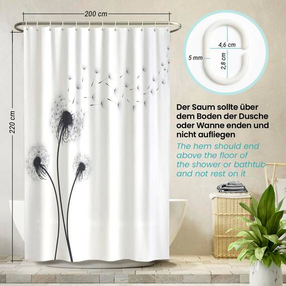 arteneur® - Pusteblume Schwarz und Weiß - Anti-Schimmel Duschvorhang 200x220 - Recycelt mit Öko-Tex Standard 100 - Beschwerter Saum, Blickdicht, Wasserdicht, Waschbar, 12 Ringe