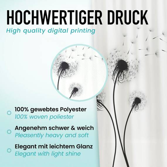 arteneur® - Pusteblume Schwarz und Weiß - Anti-Schimmel Duschvorhang 200x220 - Recycelt mit Öko-Tex Standard 100 - Beschwerter Saum, Blickdicht, Wasserdicht, Waschbar, 12 Ringe