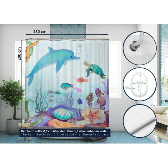 arteneur® - Wasserfarben Ozean - Anti-Schimmel Duschvorhang 180x200 - Recycelt mit Öko-Tex Standard 100 - Beschwerter Saum, Blickdicht, Wasserdicht, Waschbar, 12 Ringe & E-Book